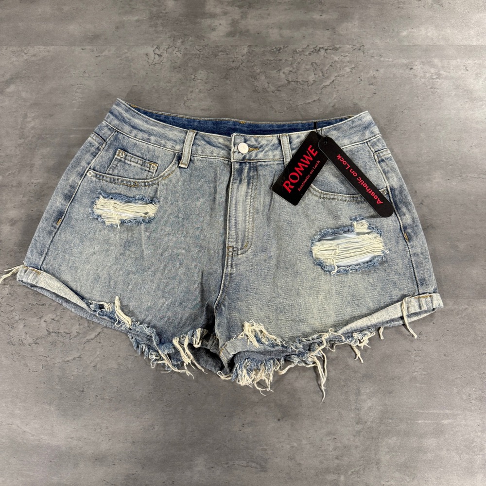 ROMWE Jean Shorts Womens L Light Wash Distressed Frayed Hem Punk Grunge Denim